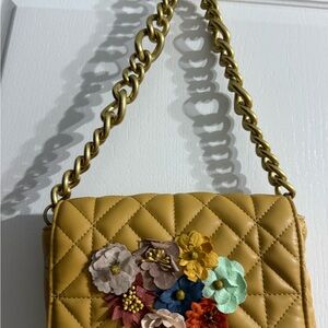 Zara Yellow Shoulder Bag with Gold Chain Strap and Floral Embellishments